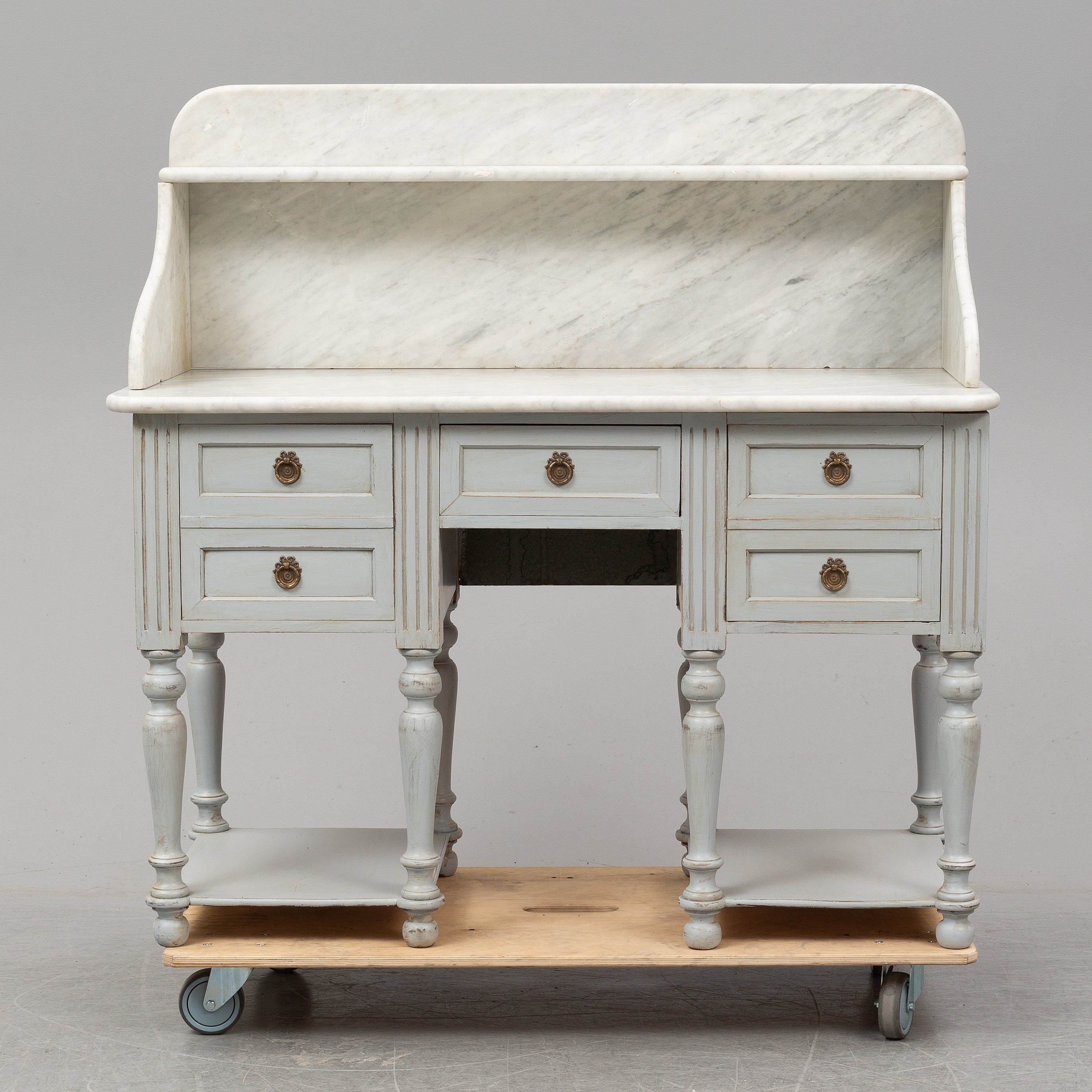 Swedish Pale Blue Painted Banquet with Shelved Marble Top and Original Brass Hardware