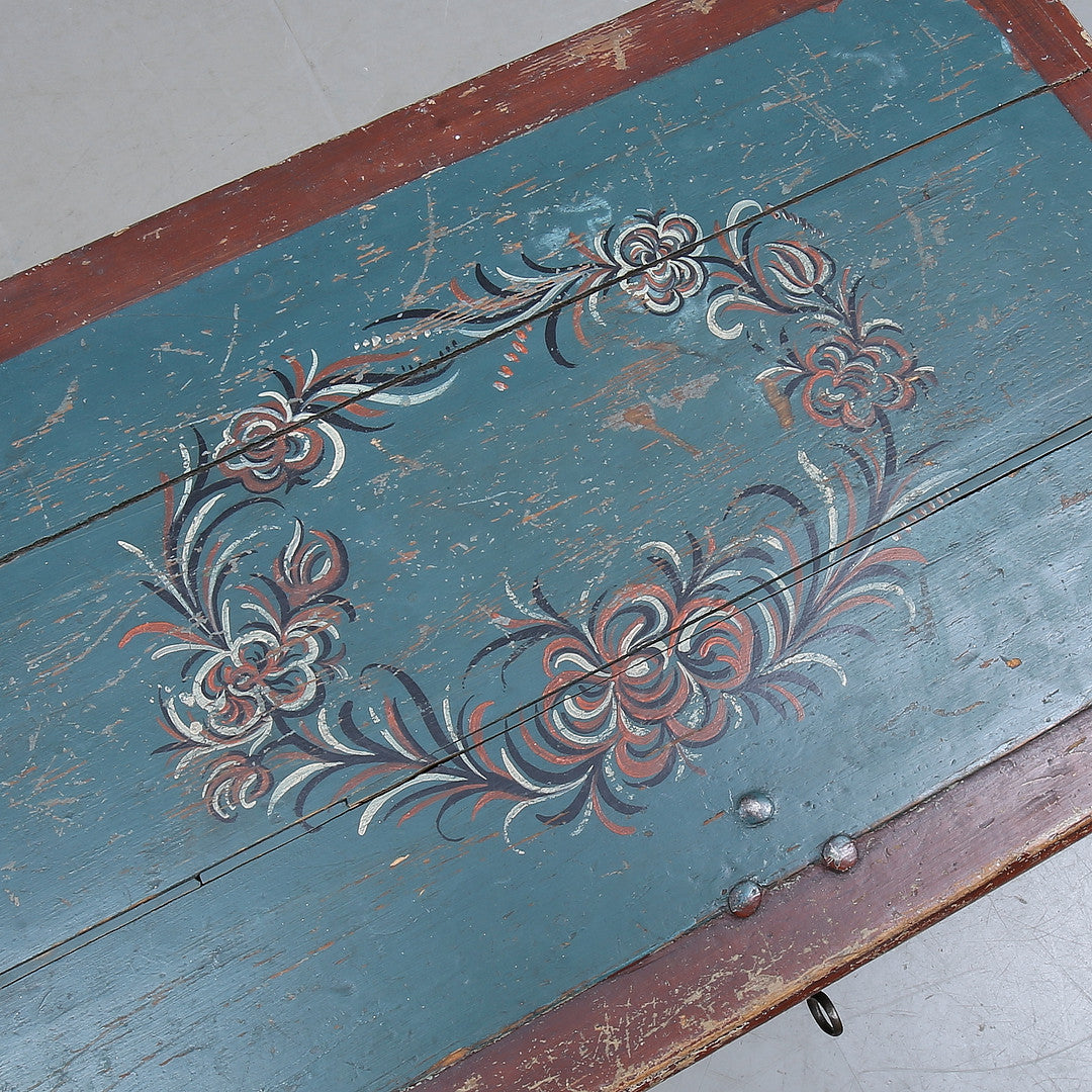 Old World Scandinavian Blue Hand-Painted Folklore Wedding Dowry Chest ca. 1815