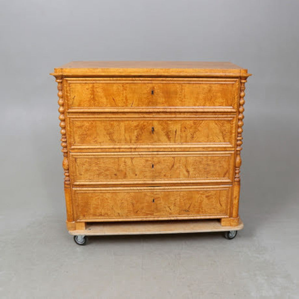 19th Century Birch Burl Wood Chest of Drawers with Carved Spindle Details, Circa 1840