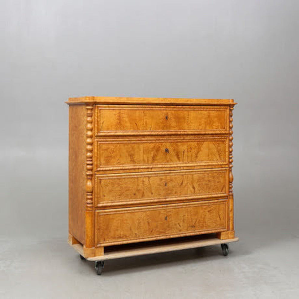 19th Century Birch Burl Wood Chest of Drawers with Carved Spindle Details, Circa 1840