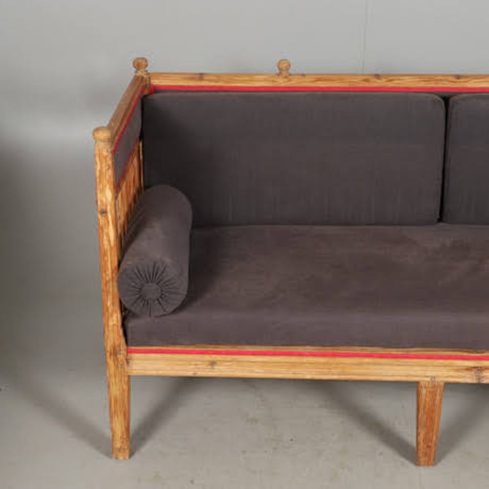 1800s Gustavian Pine Kitchen Sofa Daybed with Grey Upholstered Seat with Red Trim