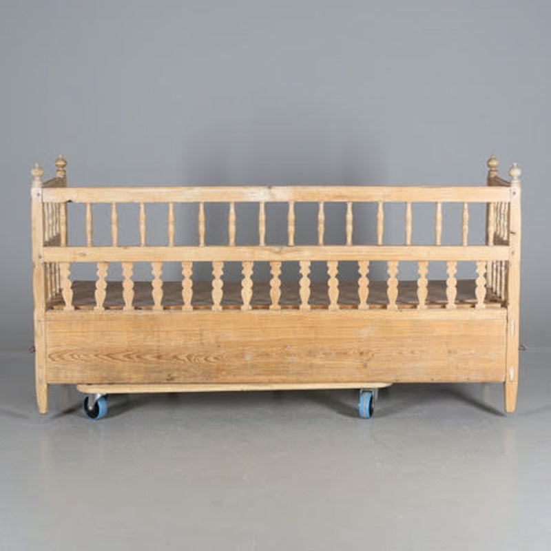 Antique Swedish Pine Kitchen Sofa with Carved Spindles & Gustavian Legs & Details