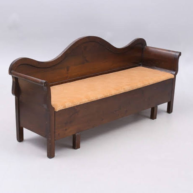 Stained Pine Kitchen Sofa with Curved Back and Elegant Rolled Arms, early 1900s