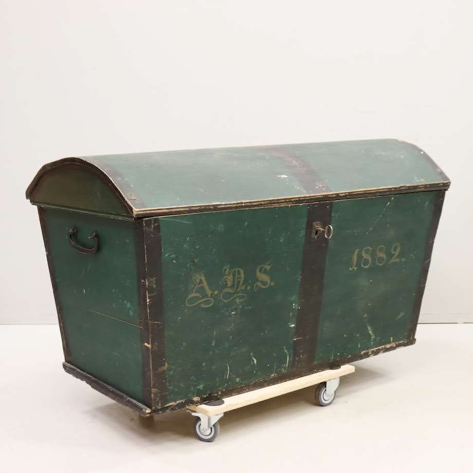 Green Hand-Painted Swedish Marriage Trunk with Tan Colored Initials & Date c.1830 & Original Hardware