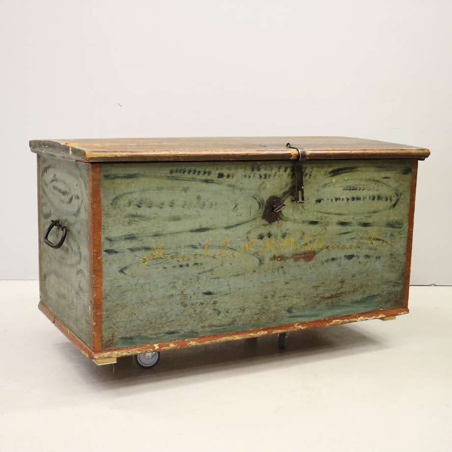 Blue-Green Hand-Painted Swedish Marriage Trunk with Yellow Initials & Date c.1830 & Original Hardware