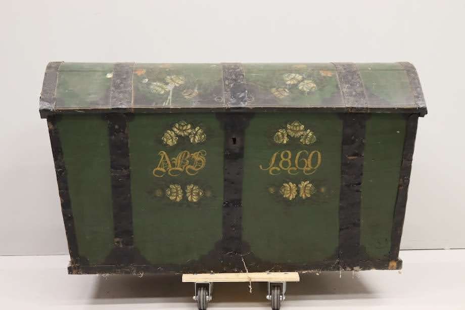 Green Swedish Domed-Top Dowry Chest with Hand Painted Flourishes and Date ca. 1860