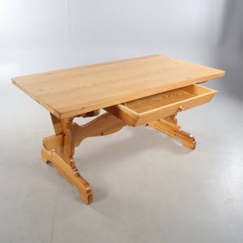 1900s Swedish Pine Farm Table with Simple Carved Trestle Legs & Solid Pine Top