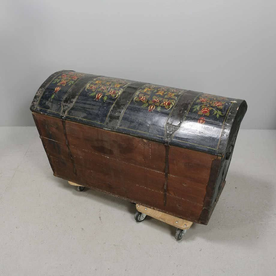 Old World Swedish Domed-Top Dowry Chest Painted Black with Floral Motif and Date "1910"