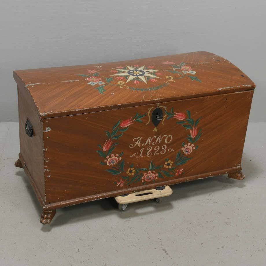 Ornately Hand-Painted Swedish Marriage Trunk with Floral Motif, Scripted "ANNO", & Date c.1823