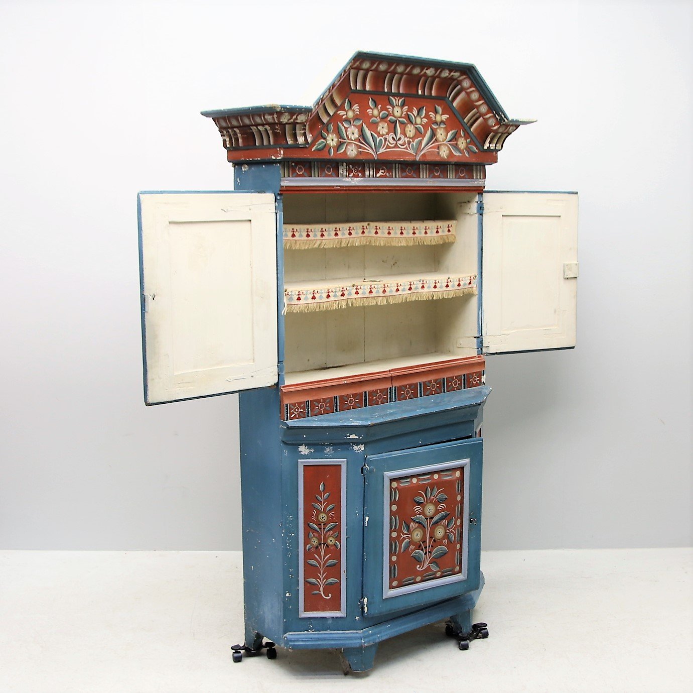 1700s Blue and Red Hand-Painted Swedish Folklore Cabinet