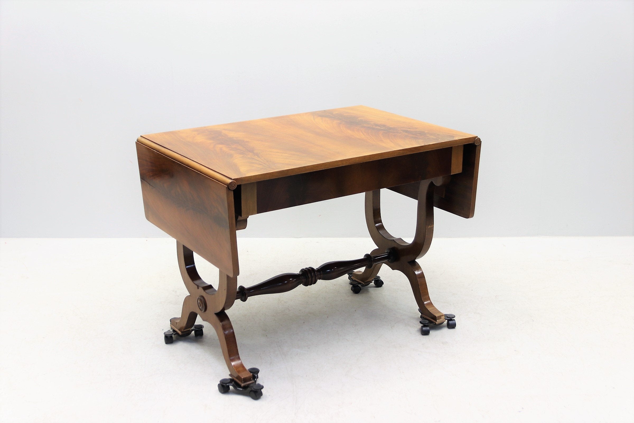 1900s Empire-style Desk with Gorgeous Veneer Wood Grain Detail & Graceful Carved Legs