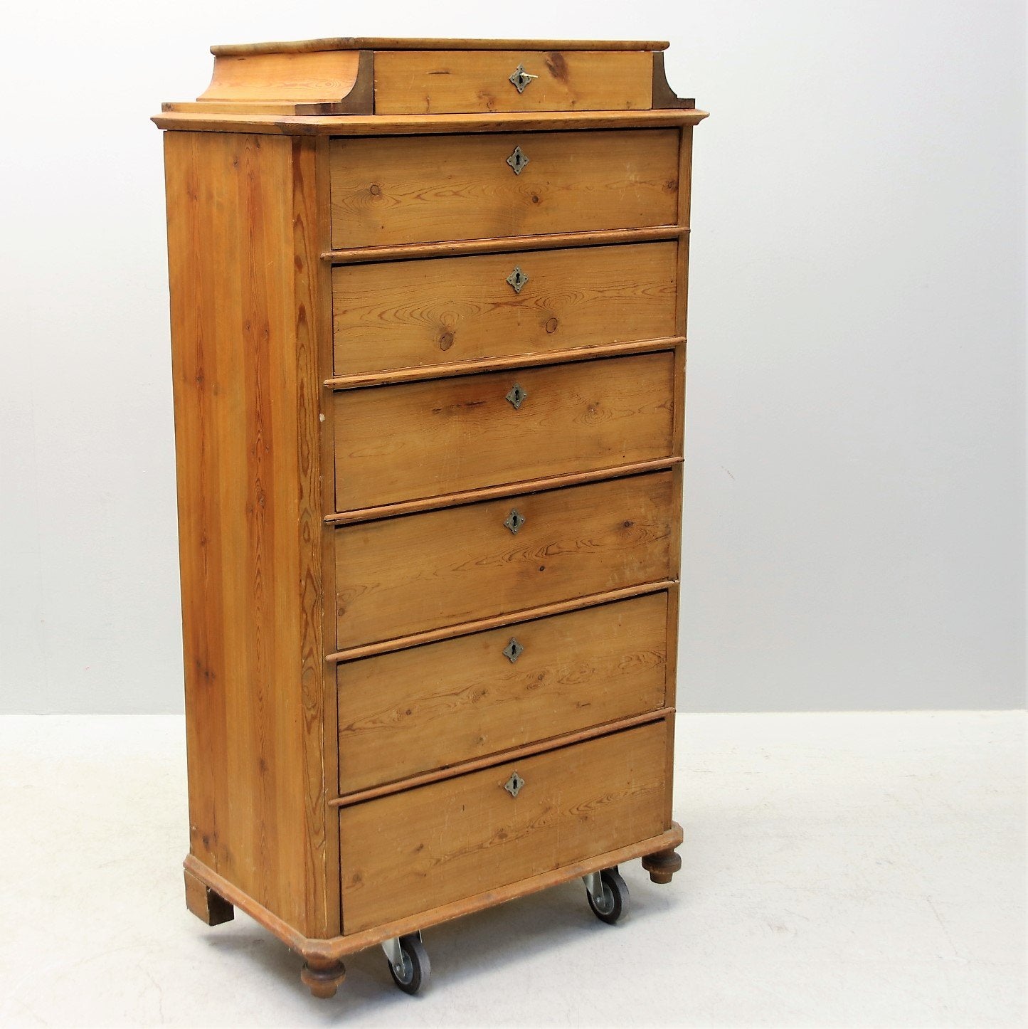 1800s Swedish Unfinished Pine Tall Chest of Drawers with Original Brass Hardware