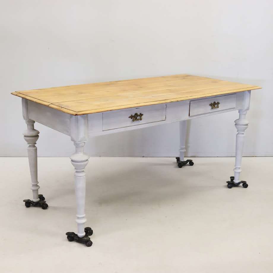 1800s Dining Table with Pine Top and Whitewash Painted Legs