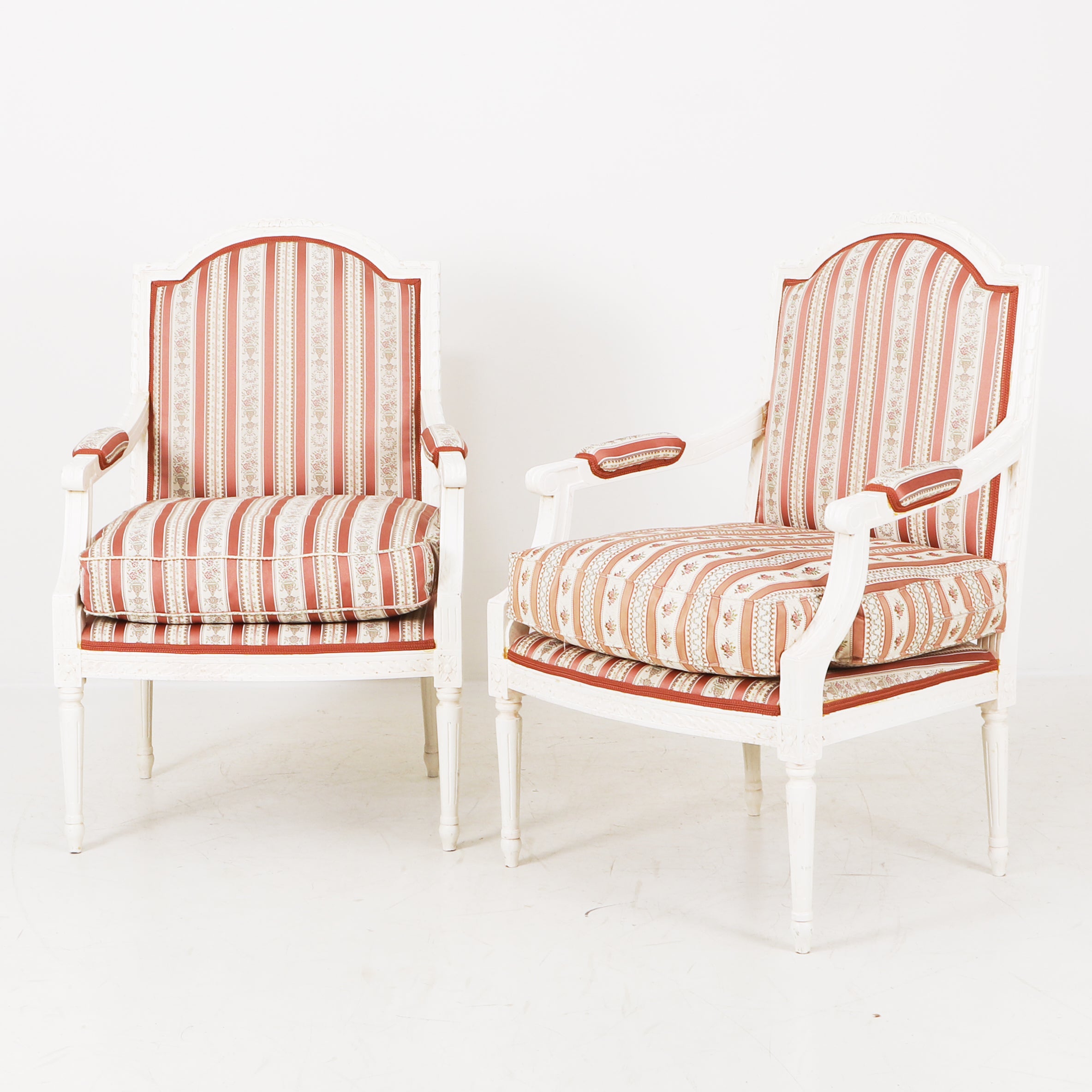 White Painted Gustavian Armchairs with Original Striped Silk Upholstery and Down-Stuffed Cushions, A Pair