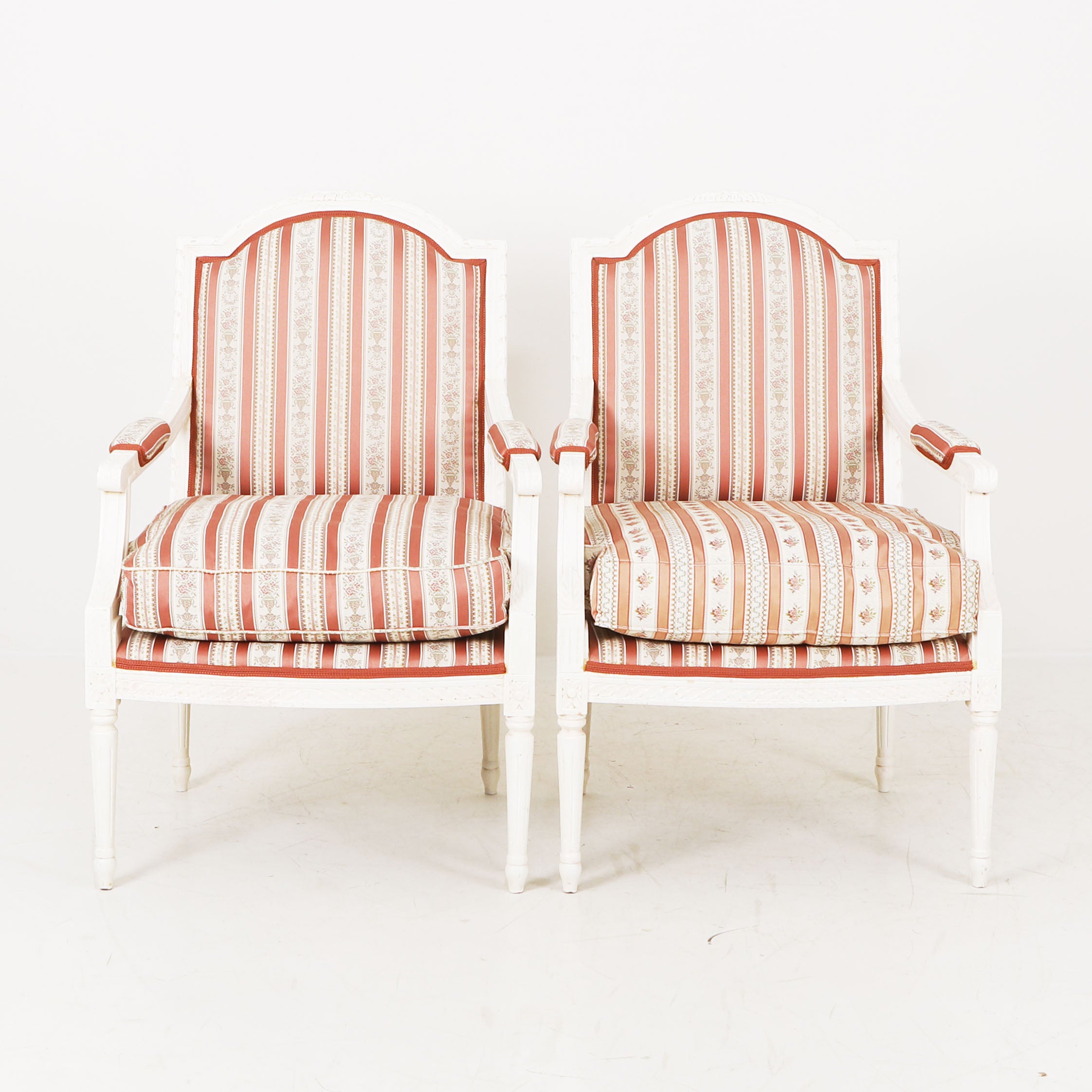 White Painted Gustavian Armchairs with Original Striped Silk Upholstery and Down-Stuffed Cushions, A Pair